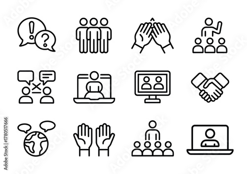 Communication online meeting conference teamwork icons set
