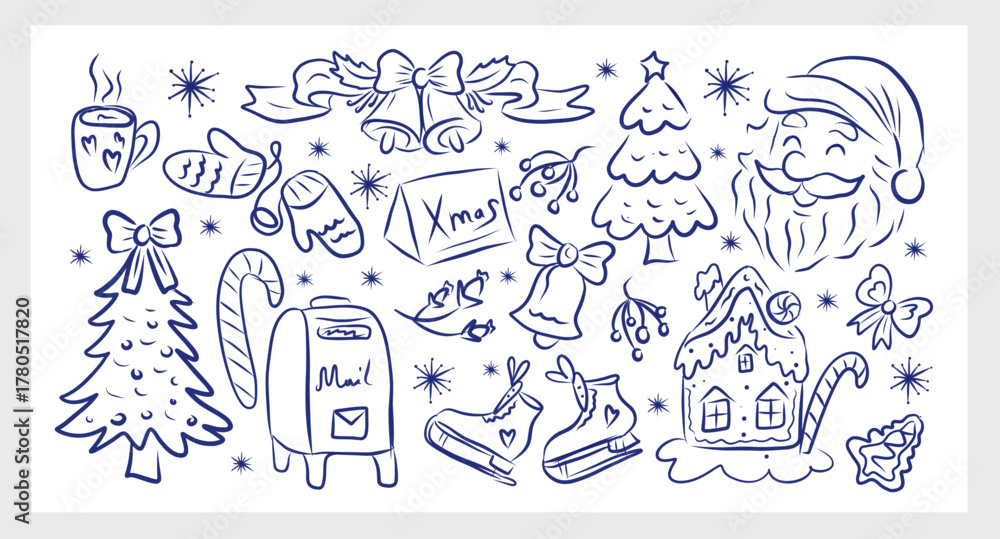 Naklejka premium Whimsical Christmas hand drawing sketch set. La dolce vita concept. Design elements for New Year party greeting cards, winter party invitations. Vector