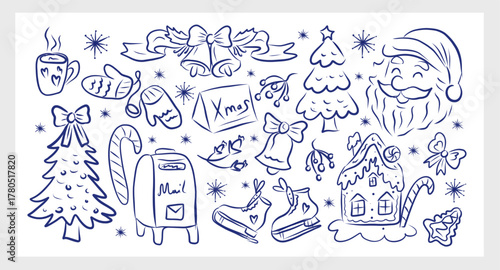 Whimsical Christmas hand drawing sketch set. La dolce vita concept. Design elements for New Year party greeting cards, winter party invitations. Vector