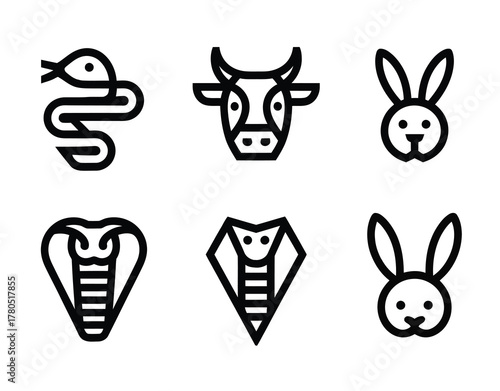 Animal faces rabbit cow snake cobra bold icons pack