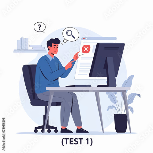 Focused professional analyzing an online error or digital issue displayed on a computer screen, seeking troubleshooting solutions