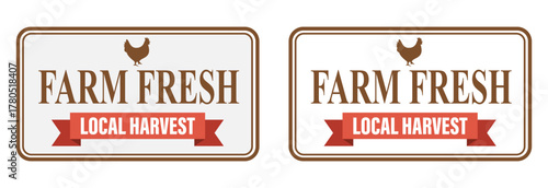 Farm fresh local harvest stamp with chicken silhouette and red banner for organic produce, farmer's market, or natural food packaging