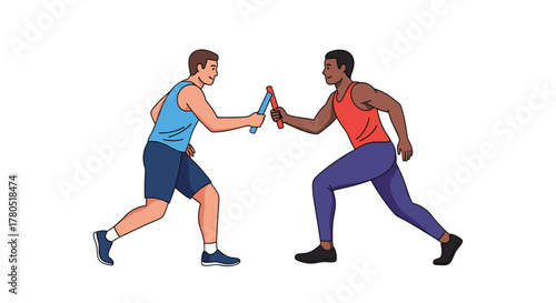 Dynamic relay race exchange between athletes, teamwork and sportsmanship in vibrant athletic competition, perfect for fitness and active lifestyle campaigns