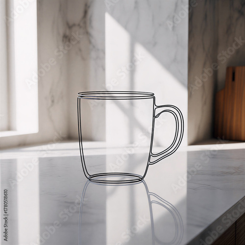 Sketched cup outline on marble countertop with sunlight