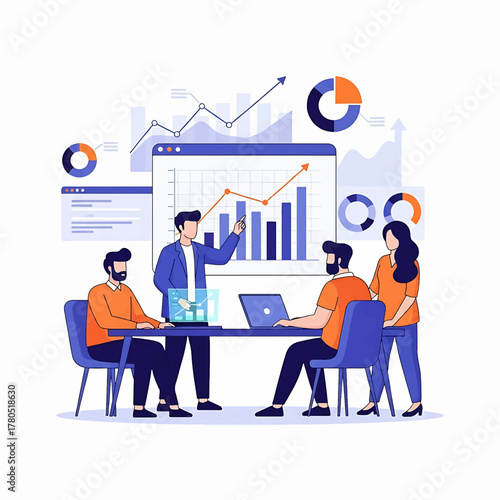 Professional business team actively collaborating on market data analysis, financial planning, and strategic growth initiatives