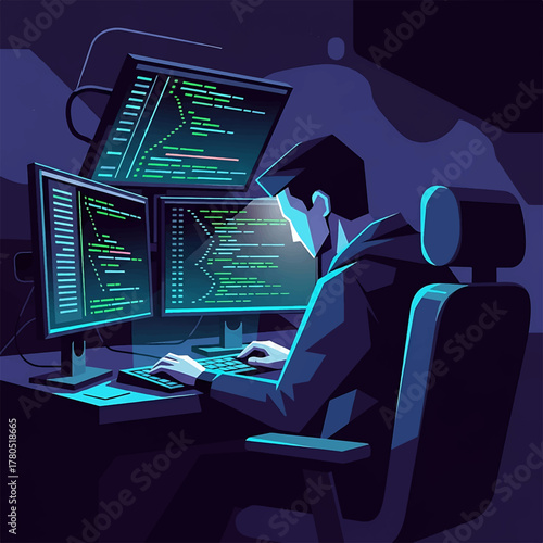 Dedicated developer intensely focused on multi-screen coding, building advanced software solutions in a dark digital workspace