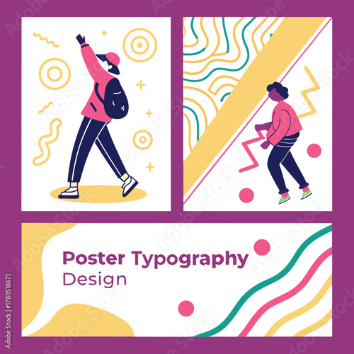 A vibrant collection of five abstract posters featuring playful, colorful squiggles and bold typography. Each design showcases a unique combination of colors and shapes, creating a modern and dynamic