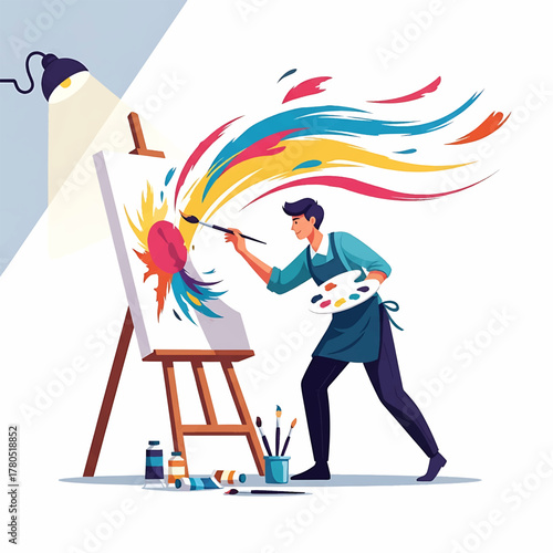 Energetic illustration of a passionate artist creating a masterpiece, splashing a canvas with vibrant, expressive colors