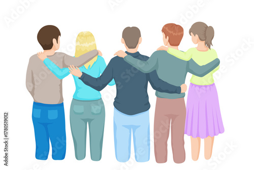 Group of young people standing up, rear view - hand drawn vector illustration of five students or siblings