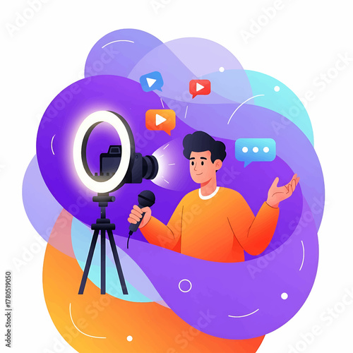 Modern content creator recording captivating video, building a strong digital presence with engaging visuals for global reach