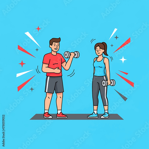 Couple engaged in a dynamic fitness workout, lifting dumbbells to build strength and maintain a healthy, active lifestyle together