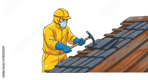 Professional roofer carefully repairing roof tiles on a sunny day, ensuring safety and quality craftsmanship for home improvement projects