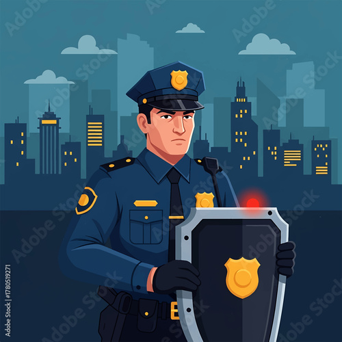 Strong police officer stands ready with protective shield, ensuring safety and upholding justice in the vibrant urban environment