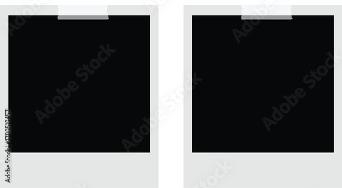 Realistic empty photo card frame, film set. Retro vintage photograph with transparent adhesive tape and paper clip. Digital snapshot image. Template or mockup for design. Vector illustration.
