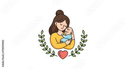 Celebrate loving motherhood with this precious moment of a happy mother embracing her adorable baby surrounded by a heart and leafy branches