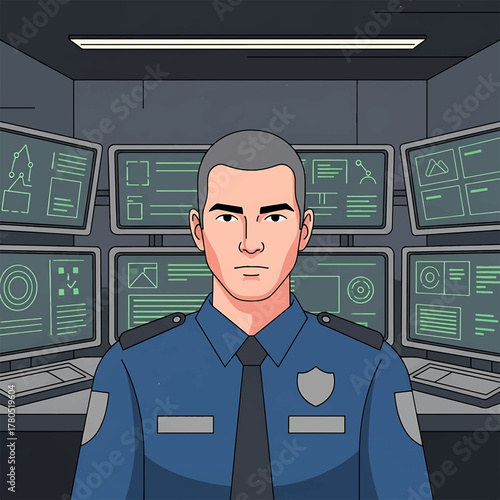 Dedicated security professional monitoring a multi-screen control room, ensuring safety and surveillance operations effectively