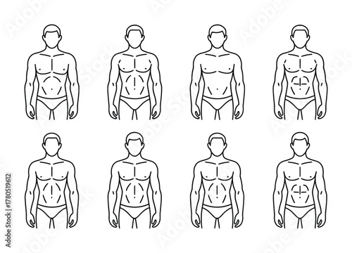 Male body fitness anatomy muscles outline icons set