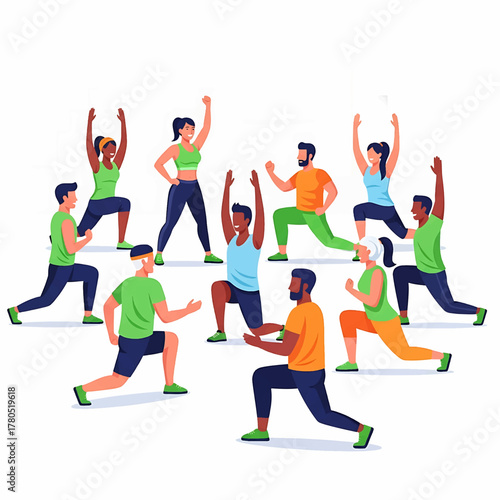 Diverse group actively participates in a dynamic fitness workout, emphasizing health, strength, and well-being