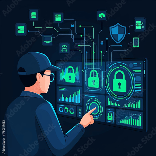 Cybersecurity expert analyzing digital data on advanced screen, ensuring robust online protection and secure network infrastructure