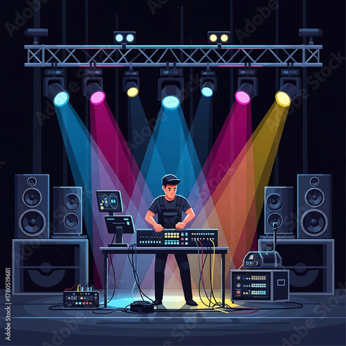 Energetic music professional operates a high-tech sound system, crafting an immersive atmosphere under bright spotlights