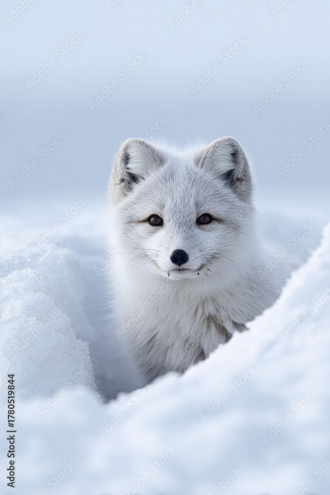 Fototapeta premium Striking portrait of an arctic fox emerging from snowdrift. Evokes themes of winter, survival, resilience, and the beauty of wild nature. Perfect for wildlife, nature, or conservation content.