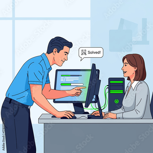 Dedicated IT support specialist collaborating with a colleague to swiftly resolve a technical issue, ensuring seamless workflow and improved office productivity