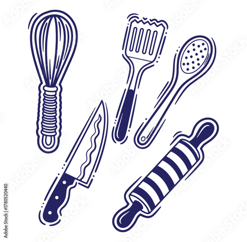 Hand-drawn kitchen utensils illustration featuring a whisk spatula spoon knife and rolling pin on white background
