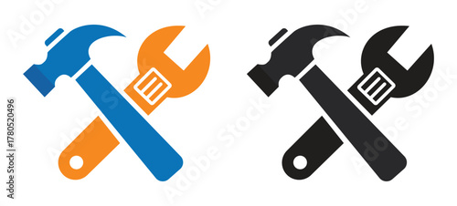 Crossed hammer and adjustable wrench tool icon set for maintenance, service, and repair vector logo
