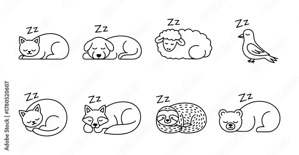 Naklejka premium Sleeping animals cute rest night dreams icons set