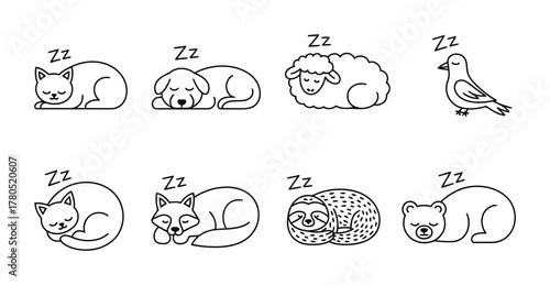 Sleeping animals cute rest night dreams icons set