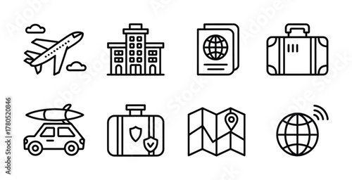 Travel tourism vacation journey outline icons collection