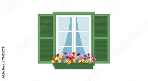 Charming window box bursting with colorful blossoms and vibrant green shutters, bringing a touch of springtime joy to any design project