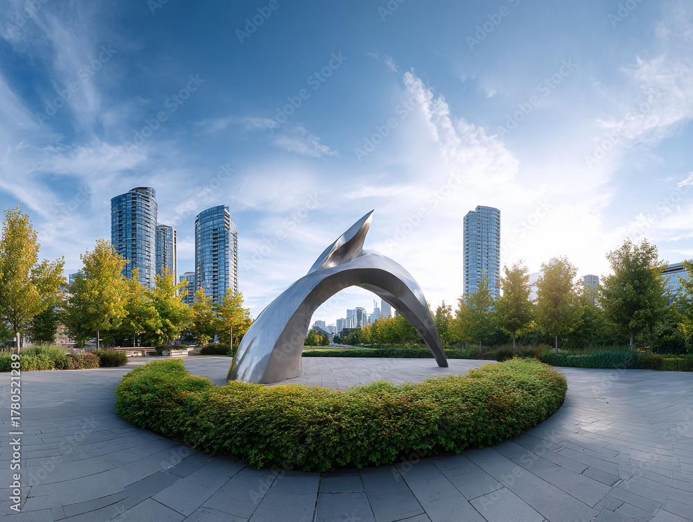 Fototapeta premium Modern cityscape featuring a sleek, abstract sculpture against a backdrop of skyscrapers and green trees. Great for urban planning, art, or architectural concepts.