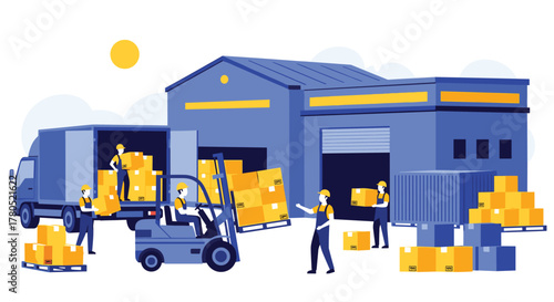 Efficient warehouse logistics with forklift and workers unloading boxes from truck, ensuring smooth distribution and supply chain management