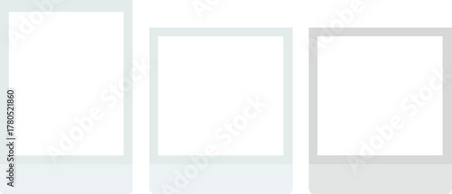 Realistic empty photo card frame, film set. Retro vintage photograph with transparent adhesive tape and paper clip. Digital snapshot image. Template or mockup for design. Vector illustration.