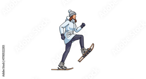 Woman Snowshoeing in Winter Coat and Beanie — Vector Illustration