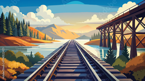 Very beautiful rustic railway tracks leading to the historic Waterville–Winslow Railroad Bridge spanning the Kennebec River in Waterville, Maine, USA, featuring steel truss structure, natural rock for