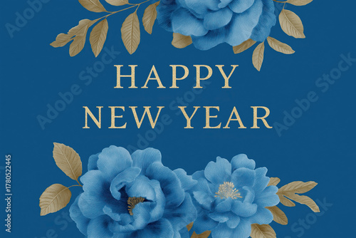 Elegant floral new year greeting card featuring blue roses gold accents