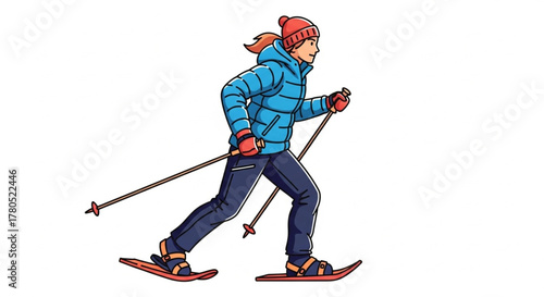 Man Snowshoeing in Winter Forest — Vector Illustration