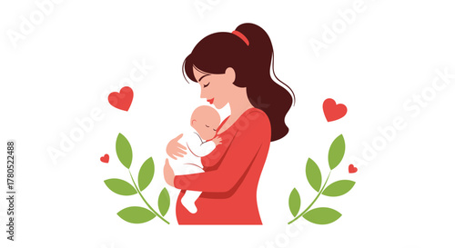 Loving mother gently holding her newborn baby, surrounded by hearts and foliage, perfect for Mother's Day or baby product promotions