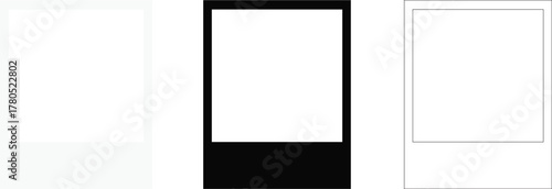 Realistic empty photo card frame, film set. Retro vintage photograph with transparent adhesive tape and paper clip. Digital snapshot image. Template or mockup for design. Vector illustration.