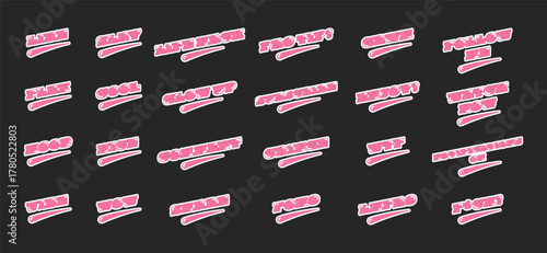 Retro pink social media phrases set on black background. Viral internet lingo. Follow me, pro tip, enjoy. Trendy typography pack with swoosh underlines. Online buzzwords isolated. Oi font used