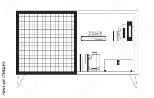 Mid-century cabinet cupboard with books 2D line object. Bookshelf, sideboard. Organized shelf. Retro furniture sliding door isolated clipart vector ink outline item. Monochrome spot illustration