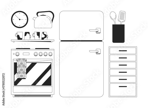 Kitchen furniture, appliances 2D line objects set. Fridge, oven, kettle, utensil holder, mugs, wall clock, drawers isolated cliparts vector ink outline items. Monochrome spot illustrations collection