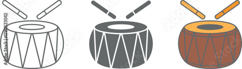 Illustration of tabla drums with drumsticks in outline gray and colorful styles