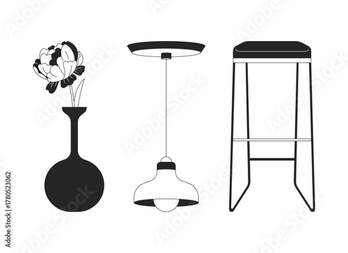 Decorative home decor items 2D line objects set. Peony flower vase, hanging retro pendant lamp, cushioned bar stool isolated cliparts vector ink outline items. Monochrome spot illustrations collection