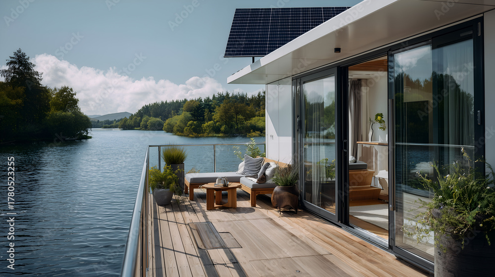 Obraz premium Floating off-grid home on water, eco-friendly solution for living close to nature, modern design and autonomy.