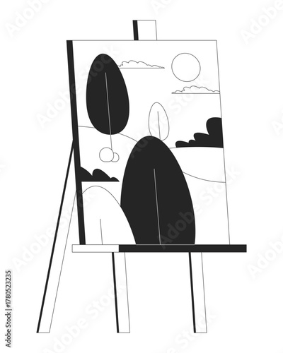 Easel with landscape painting 2D line object. Unfinished canvas art stand. Artistic talent. Hillside tree scenery artwork isolated clipart vector ink outline item. Monochrome spot illustration