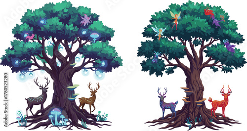 Magical fantasy trees with glowing fairies, colorful deer, and luminous mushrooms in enchanted forest illustration for mystical artwork and stories