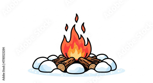 Flat Design Winter Campfire – Minimalist Illustration of Fire in Snow Landscape